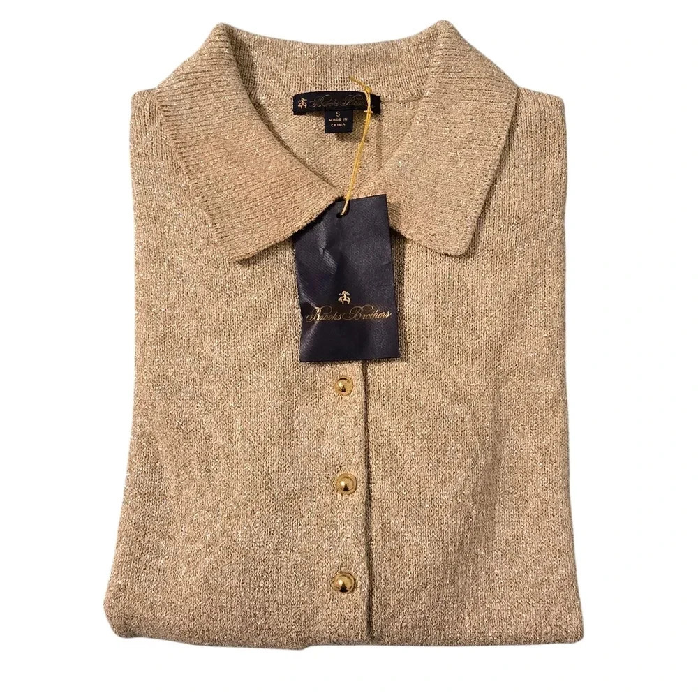 New Brooks Brothers Long Sleeve Gold Shimmer Polo Sweater Size Small